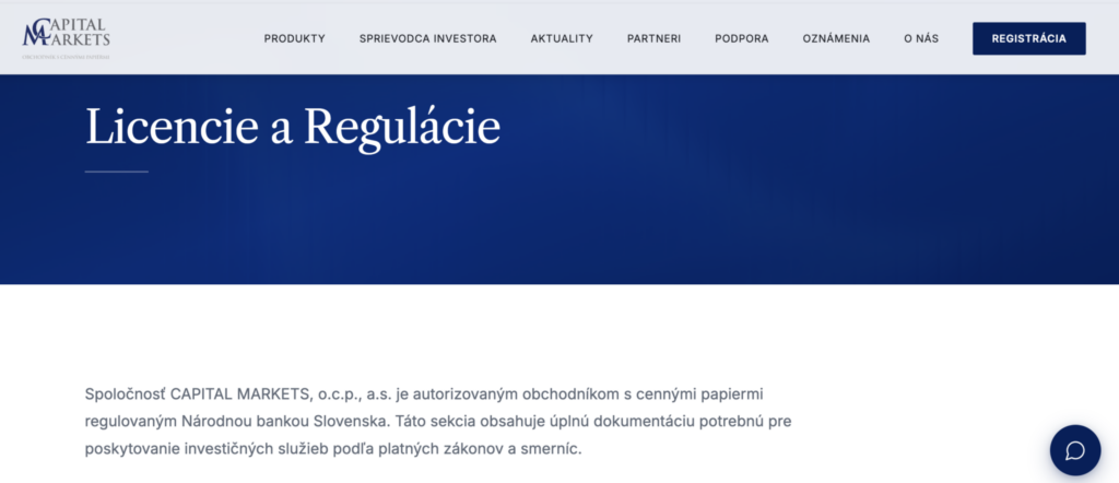 image - Forex.sk Capital Markets header with logo and navigation; hero title 'Licencie a Regulácie' on a dark blue banner