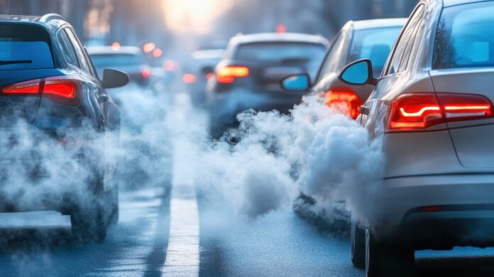 Rows of cars releasing smoke into the atmosphere Európska únia, emisia