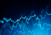 Akcie Apple: Ako Apple Intelligence a služby menia obchodný model, ktorý vytvoril iPhone Blue neon stock market chart showing price fluctuations with bars and lines.
