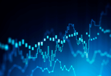 Akcie Apple: Ako Apple Intelligence a služby menia obchodný model, ktorý vytvoril iPhone Blue neon stock market chart showing price fluctuations with bars and lines.