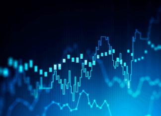 Akcie Apple: Ako Apple Intelligence a služby menia obchodný model, ktorý vytvoril iPhone Blue neon stock market chart showing price fluctuations with bars and lines.
