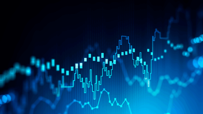 Blue neon stock market chart showing price fluctuations with bars and lines.