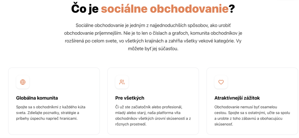 Snímek obrazovky 2026-06-02 v 112322 - Forex.sk Hlavná časť vysvetľuje, čo je sociálne obchodovanie, s tromi funkčnými kartami: Globálna komunita, Pre všetkých, Atraktívnejší zážitok (ikony globus, ľudia, srdce).