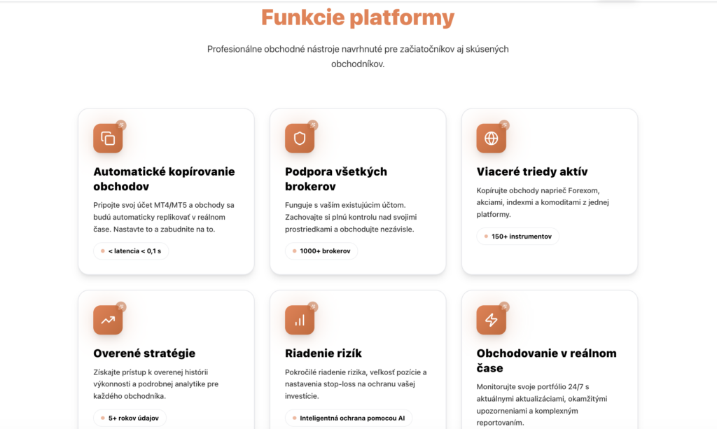 Snímek obrazovky 2026-06-02 v 112430 - Forex.sk Karty funkcií platformy s oranžovými ikonami a popismi: Automatické kopírovanie obchodov; Podpora všetkých brokerov; Viacere triedy aktiv.