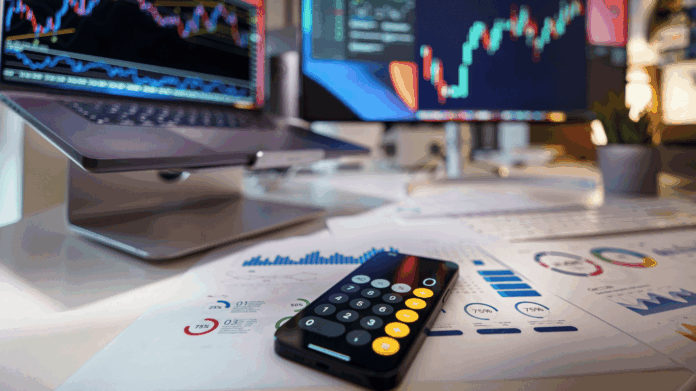 Desk workspace showing stock charts on two monitors, a calculator on printed financial reports, and a smartphone in the foreground.