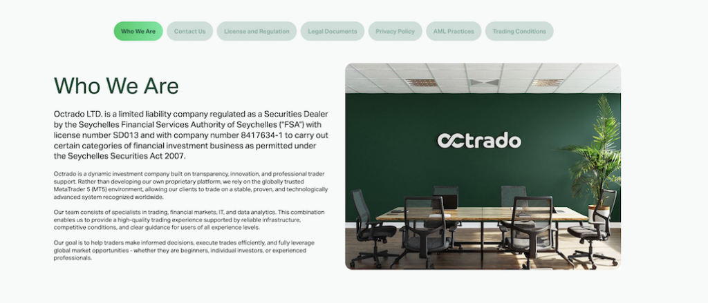Who We Are: company description on the left and a conference room with a green wall and Octrado logo on the right.