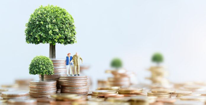 Miniature elderly couple stands on stacked coins with trees growing from the tops, symbolizing financial growth.