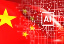 DeepSeek pred očakávaným vstupom na burzu priťahuje záujem investorov Chinese flag merging with a glowing AI chip and circuit pathways, symbolizing AI technology in China