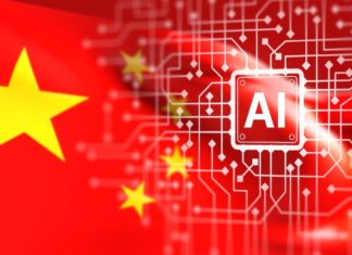 DeepSeek pred očakávaným vstupom na burzu priťahuje záujem investorov Chinese flag merging with a glowing AI chip and circuit pathways, symbolizing AI technology in China