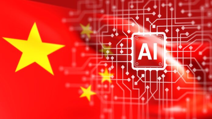Chinese flag merging with a glowing AI chip and circuit pathways, symbolizing AI technology in China