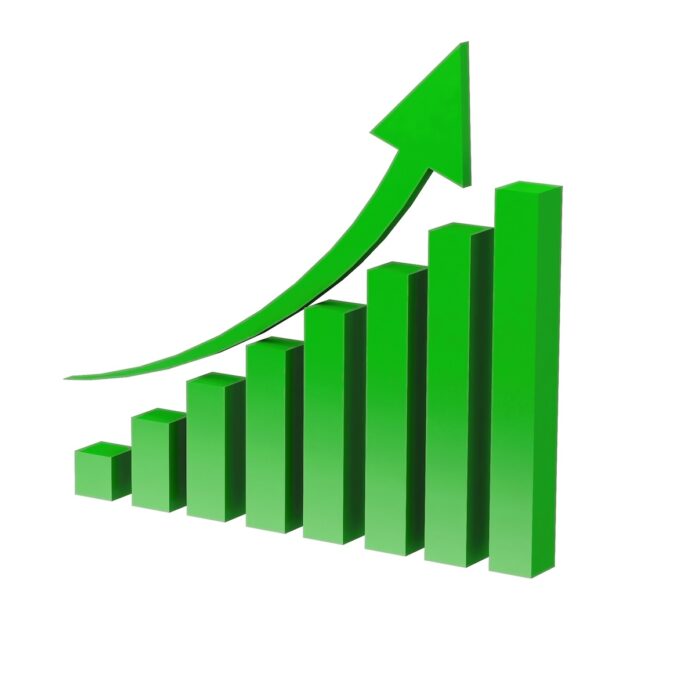 Green 3D bar chart showing steady growth with an upward curved arrow indicating rising trend